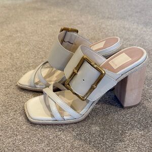 Dolce Vita Cream Block Heel Sandals with Gold Buckle